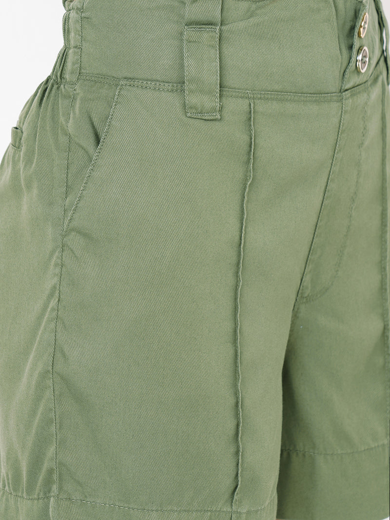 Women Olive High-Rise Paper Bag Shorts