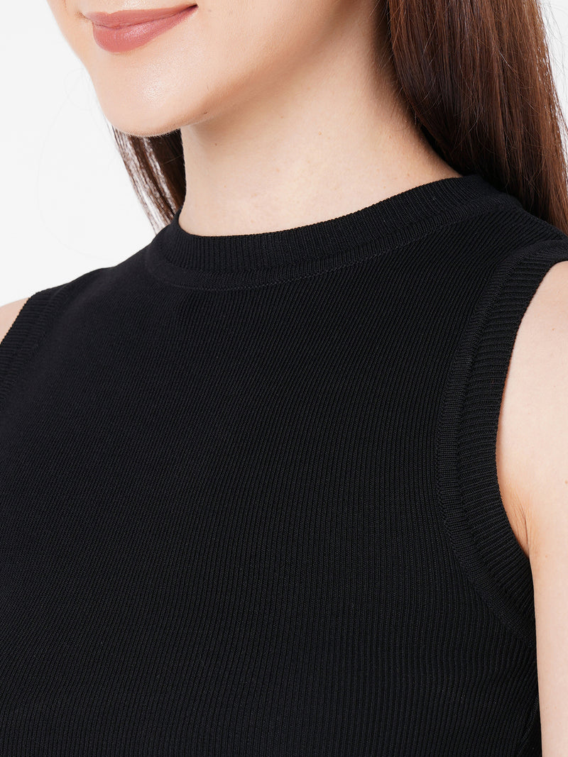 Women Black Solid Flat Knit Tank Top