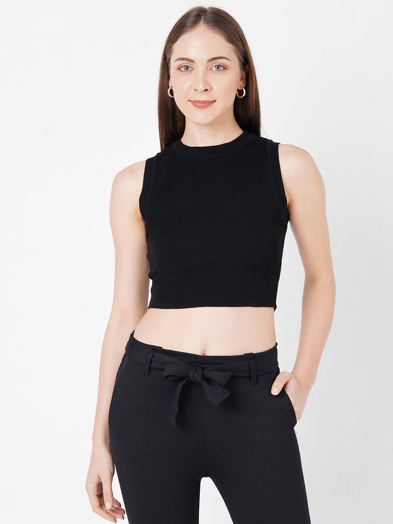 Women Black Solid Flat Knit Tank Top