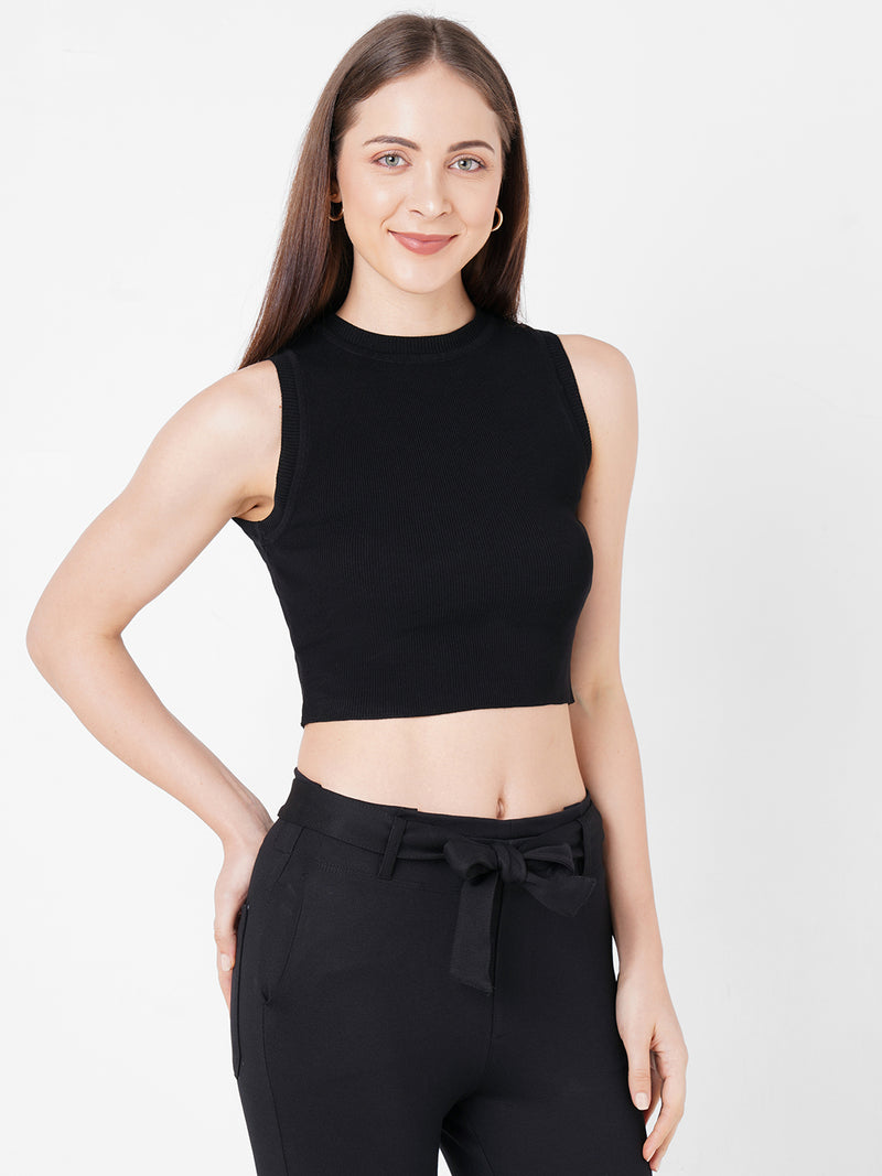 Women Black Solid Flat Knit Tank Top
