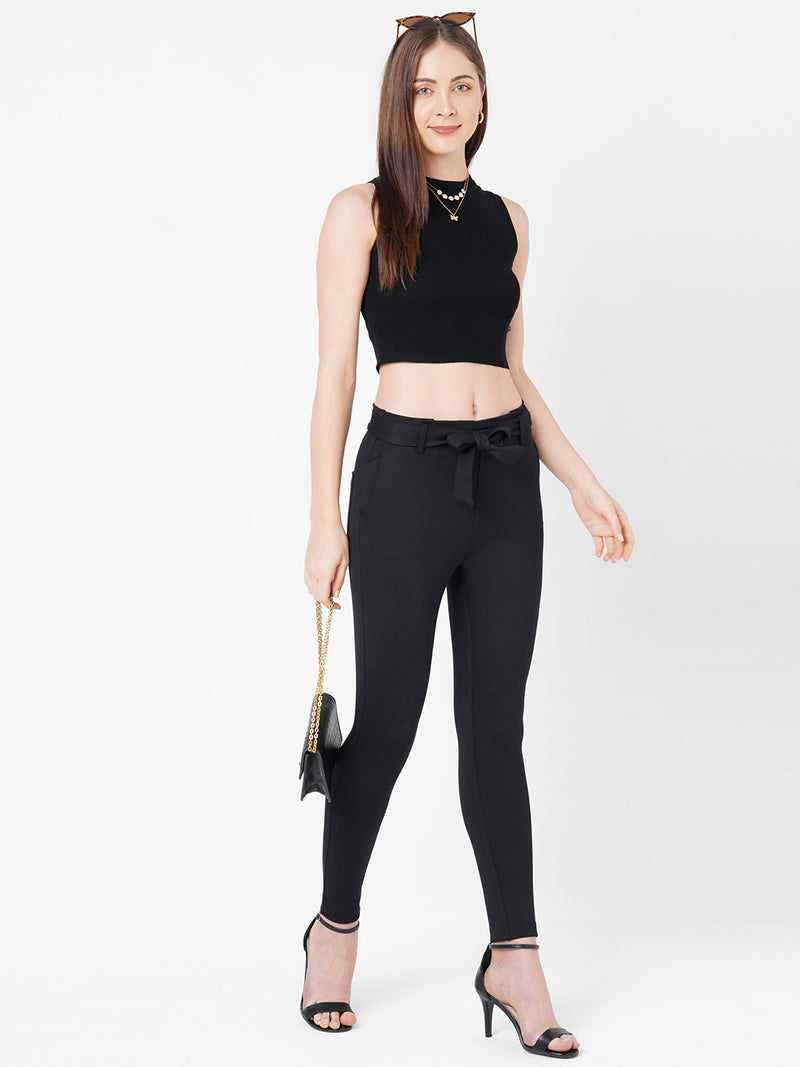 Women Black Solid Flat Knit Tank Top