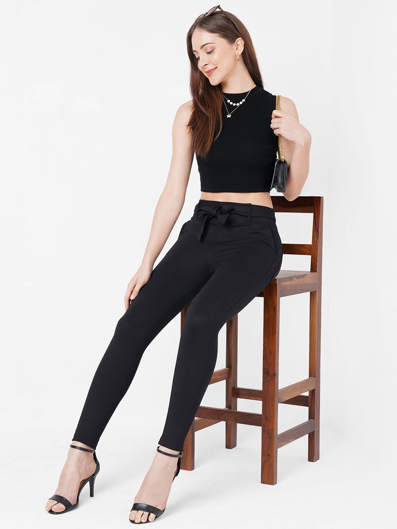 Women Black Solid Flat Knit Tank Top
