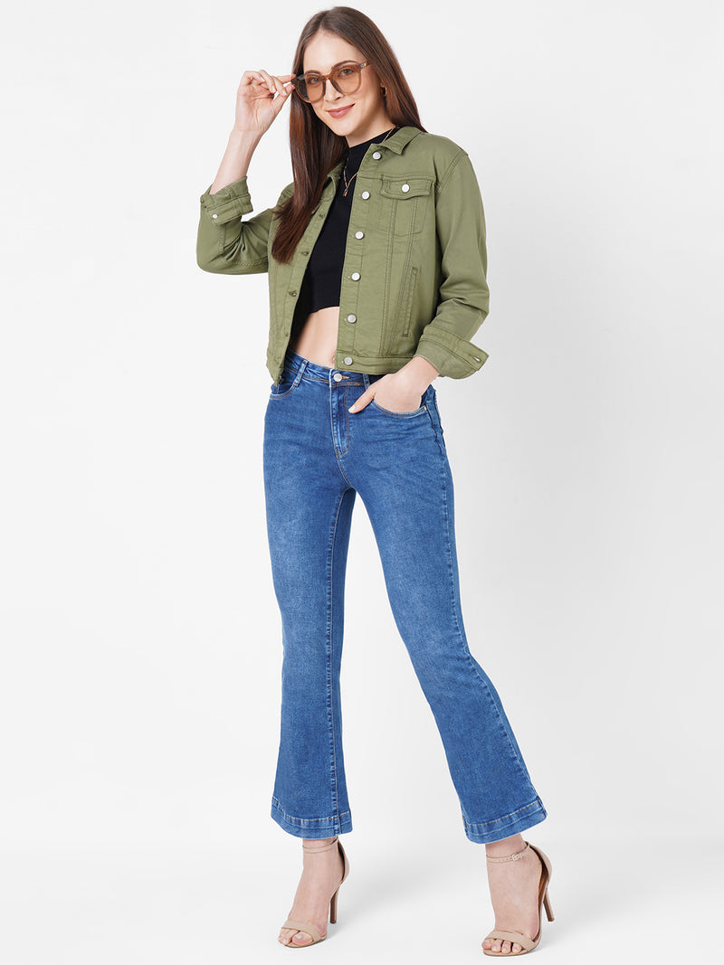 Women Olive Solid Denim Jacket