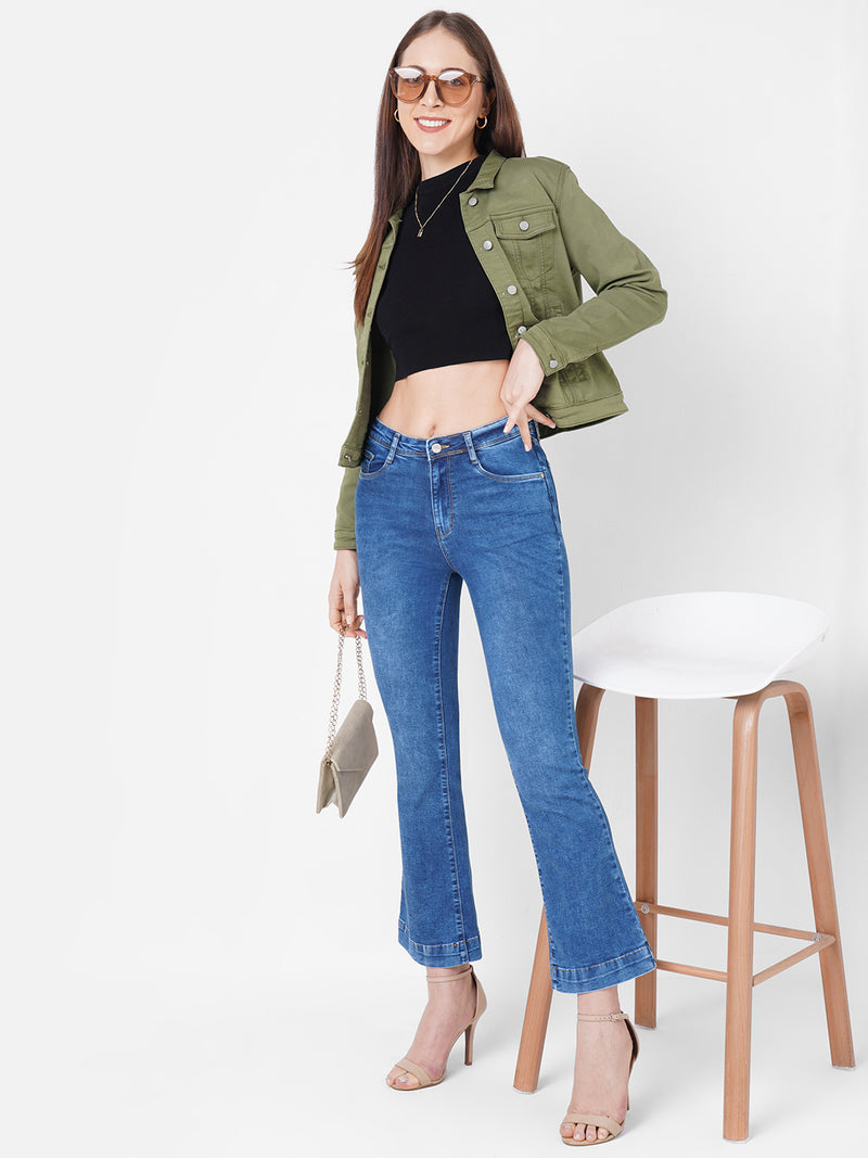Women Olive Solid Denim Jacket