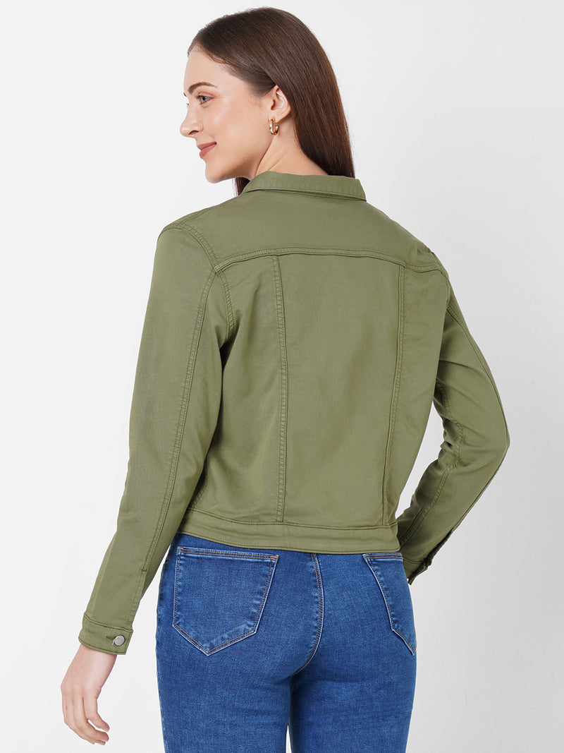 Women Olive Solid Denim Jacket