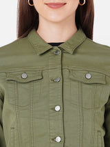 Women Olive Solid Denim Jacket