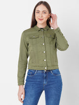 Women Olive Solid Denim Jacket