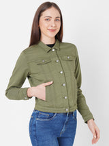 Women Olive Solid Denim Jacket
