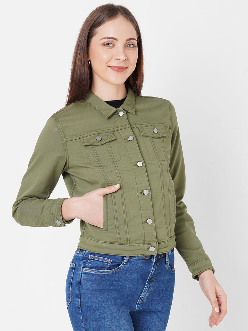 Women Olive Solid Denim Jacket