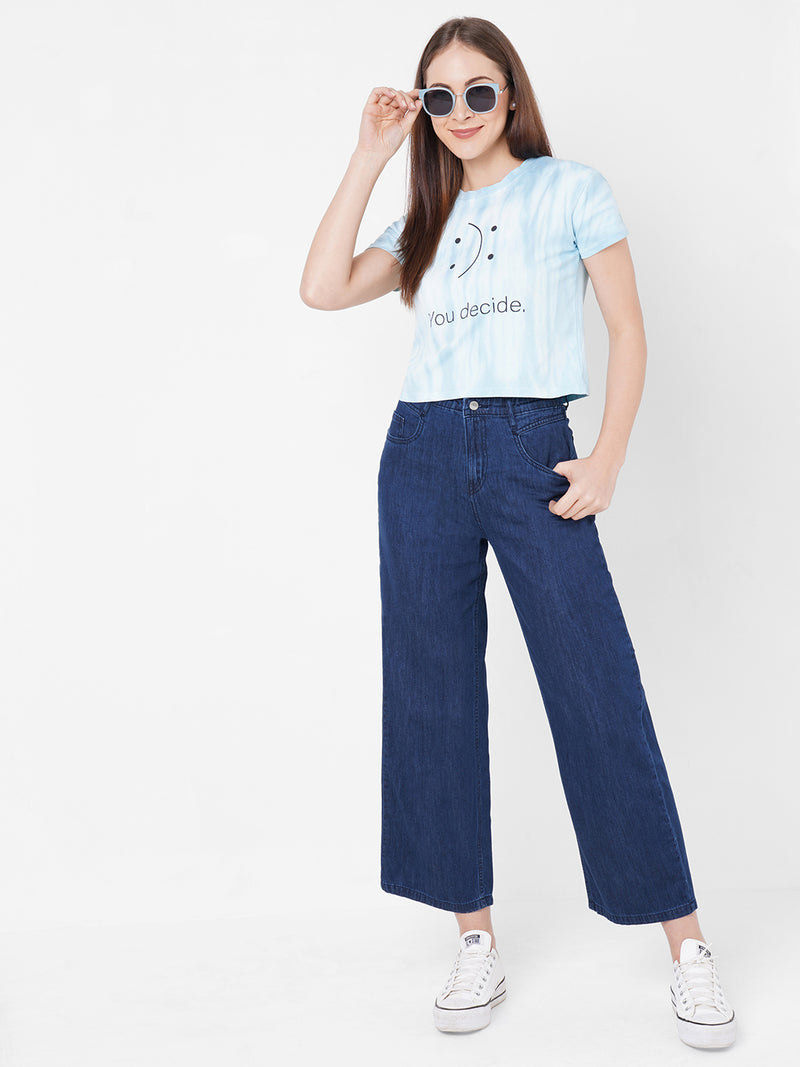 Women Blue Tie & Dye Crop Chest Printed T-Shirt