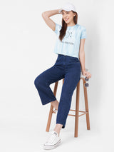 Women Blue Tie & Dye Crop Chest Printed T-Shirt