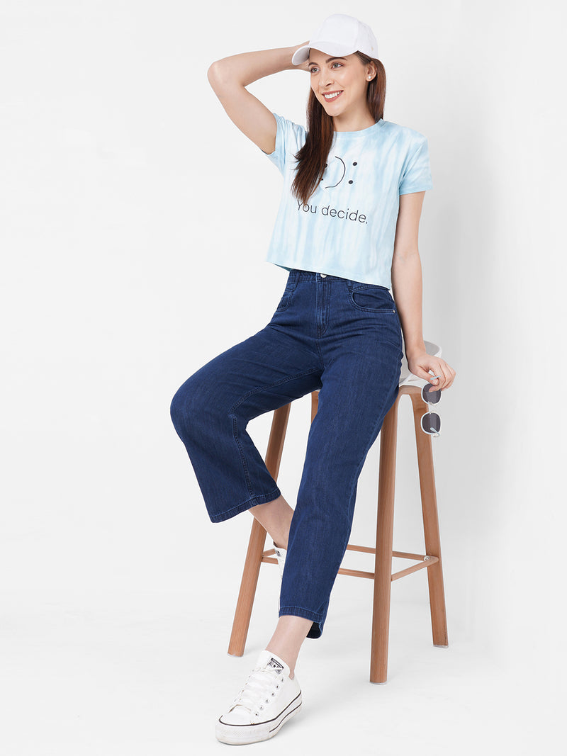 Women Blue Tie & Dye Crop Chest Printed T-Shirt