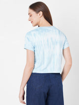Women Blue Tie & Dye Crop Chest Printed T-Shirt