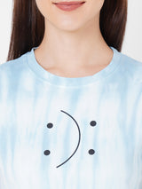 Women Blue Tie & Dye Crop Chest Printed T-Shirt