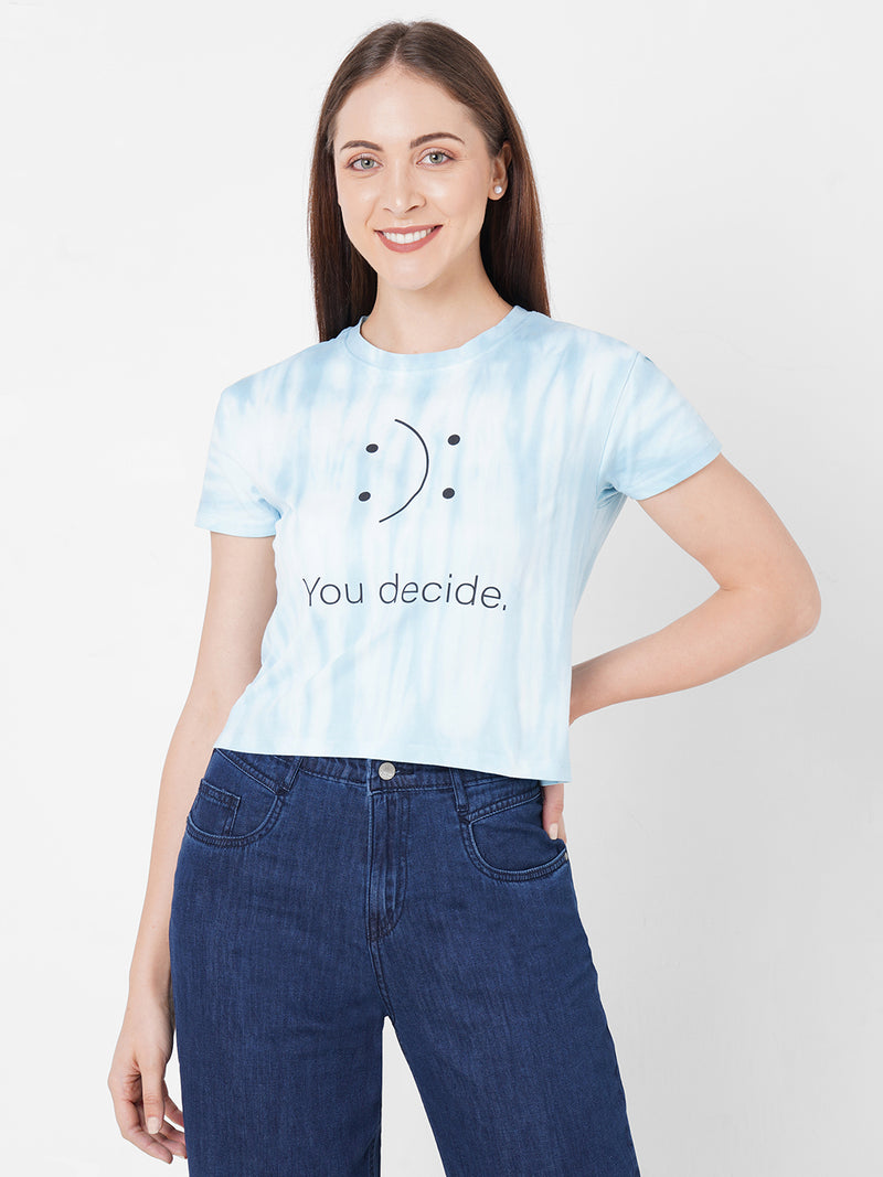Women Blue Tie & Dye Crop Chest Printed T-Shirt