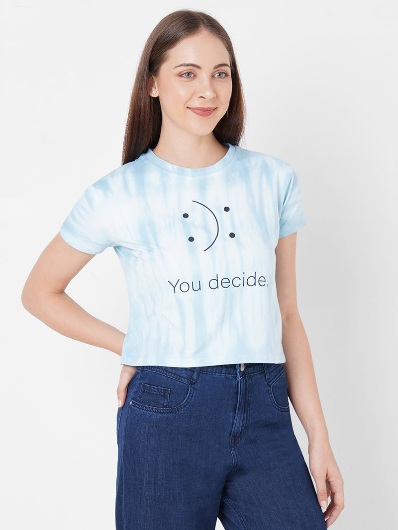 Women Blue Tie & Dye Crop Chest Printed T-Shirt