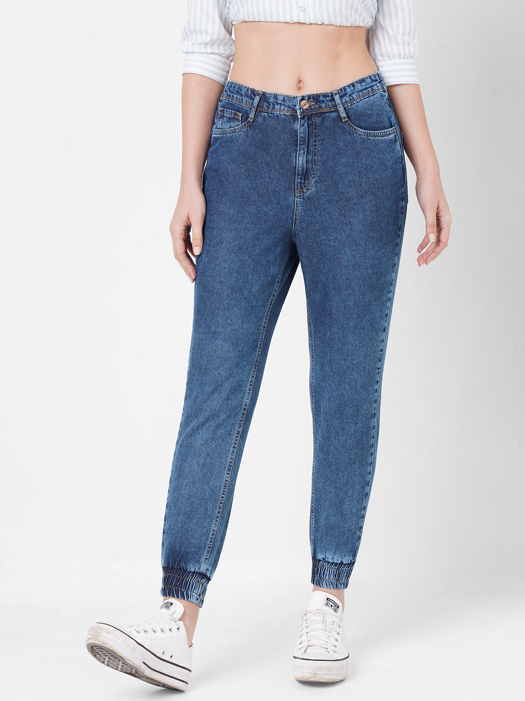 Buy Women Blue High-Rise Denim Jogger