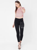 Women Pink Crop Stripe T-Shirt