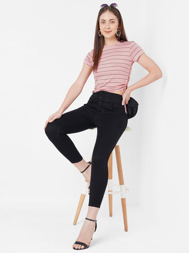 Women Pink Crop Stripe T-Shirt