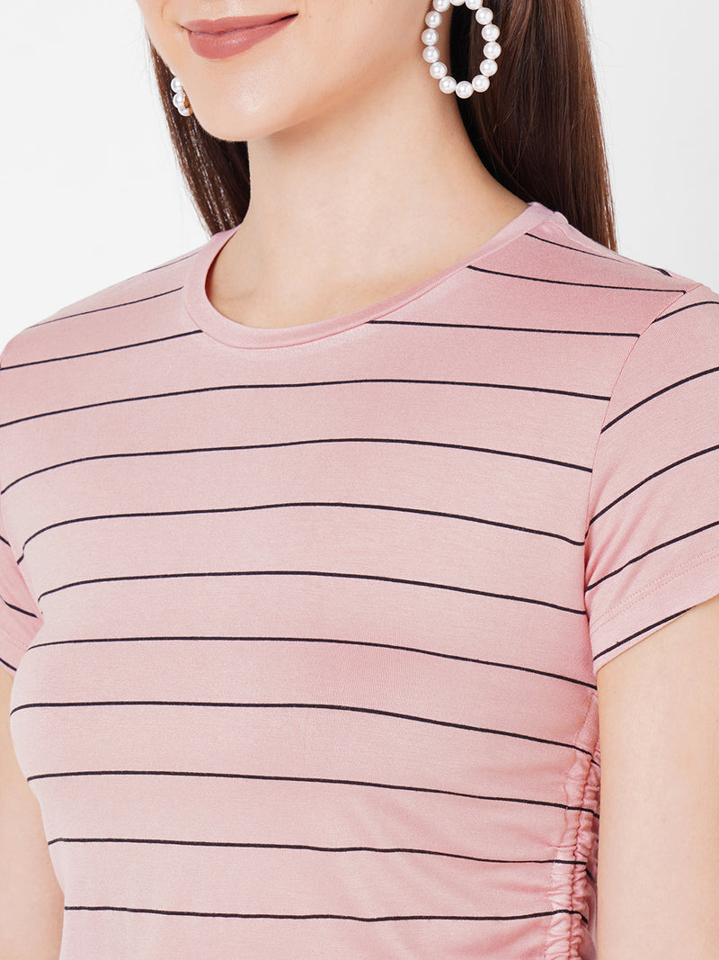 Women Pink Crop Stripe T-Shirt