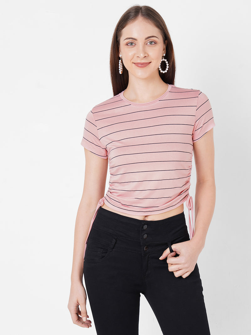 Women Pink Crop Stripe T-Shirt