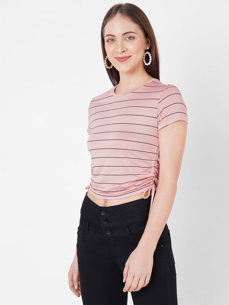 Women Pink Crop Stripe T-Shirt