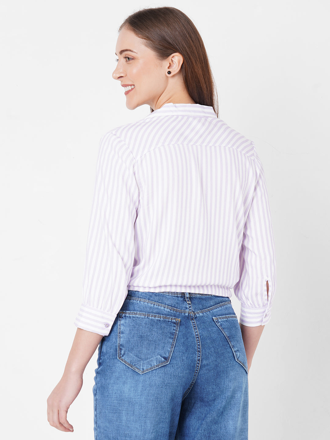 Women Lilac White Stripe Crop Shirt
