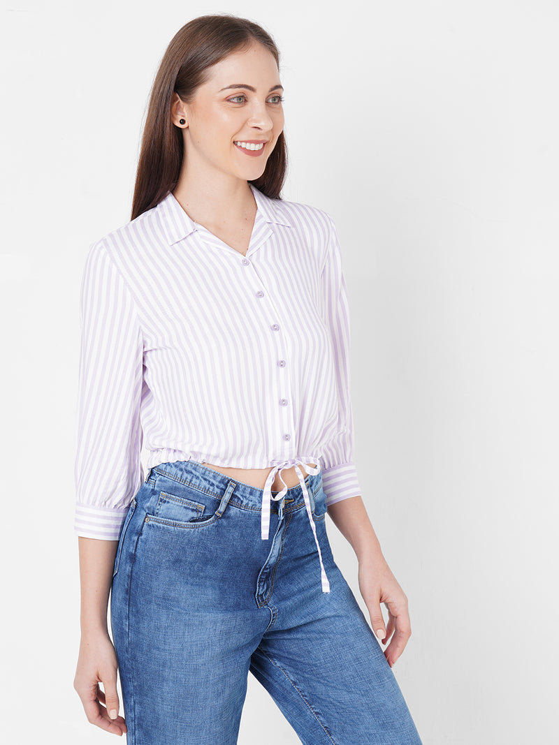 Women Lilac White Stripe Crop Shirt