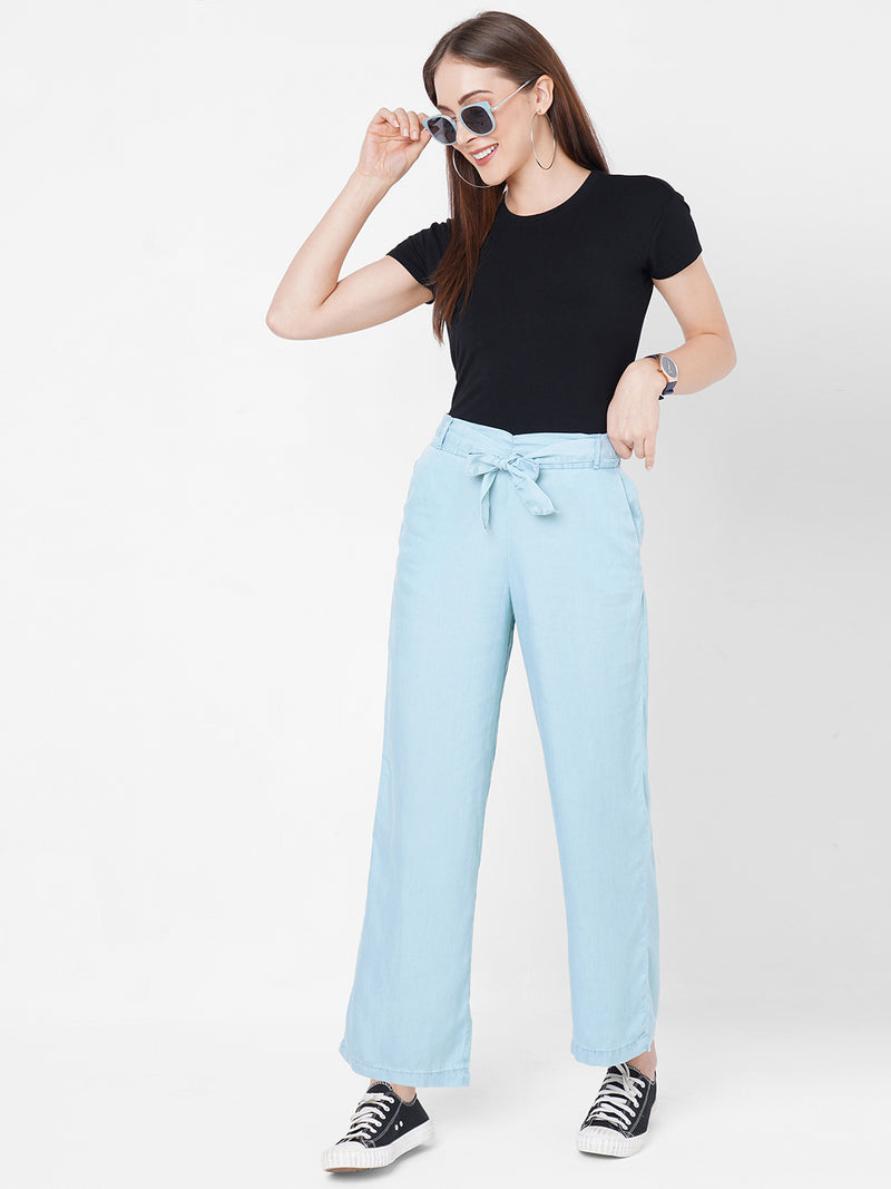 Women Light Blue High-Rise Paper Bag Wide Leg