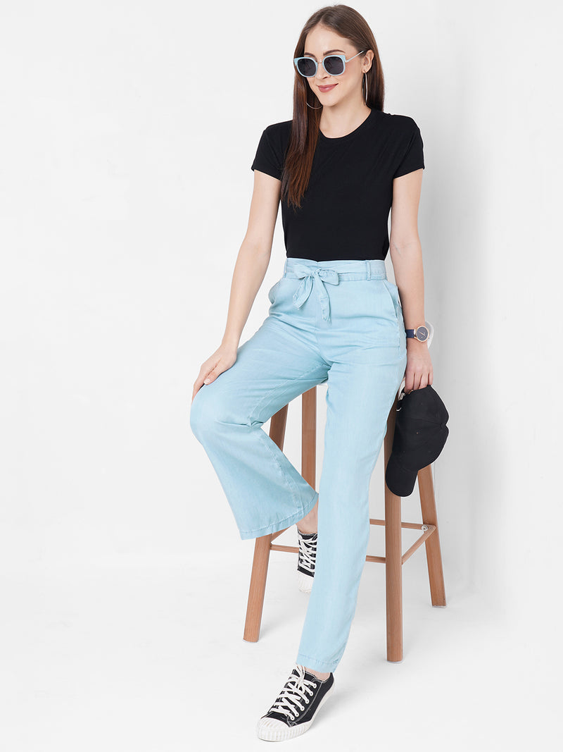 Women Light Blue High-Rise Paper Bag Wide Leg
