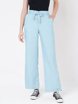 Women Light Blue High-Rise Paper Bag Wide Leg