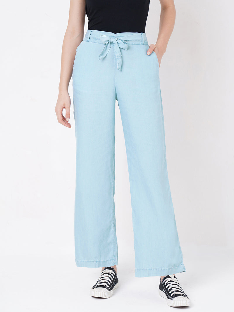 Women Light Blue High-Rise Paper Bag Wide Leg