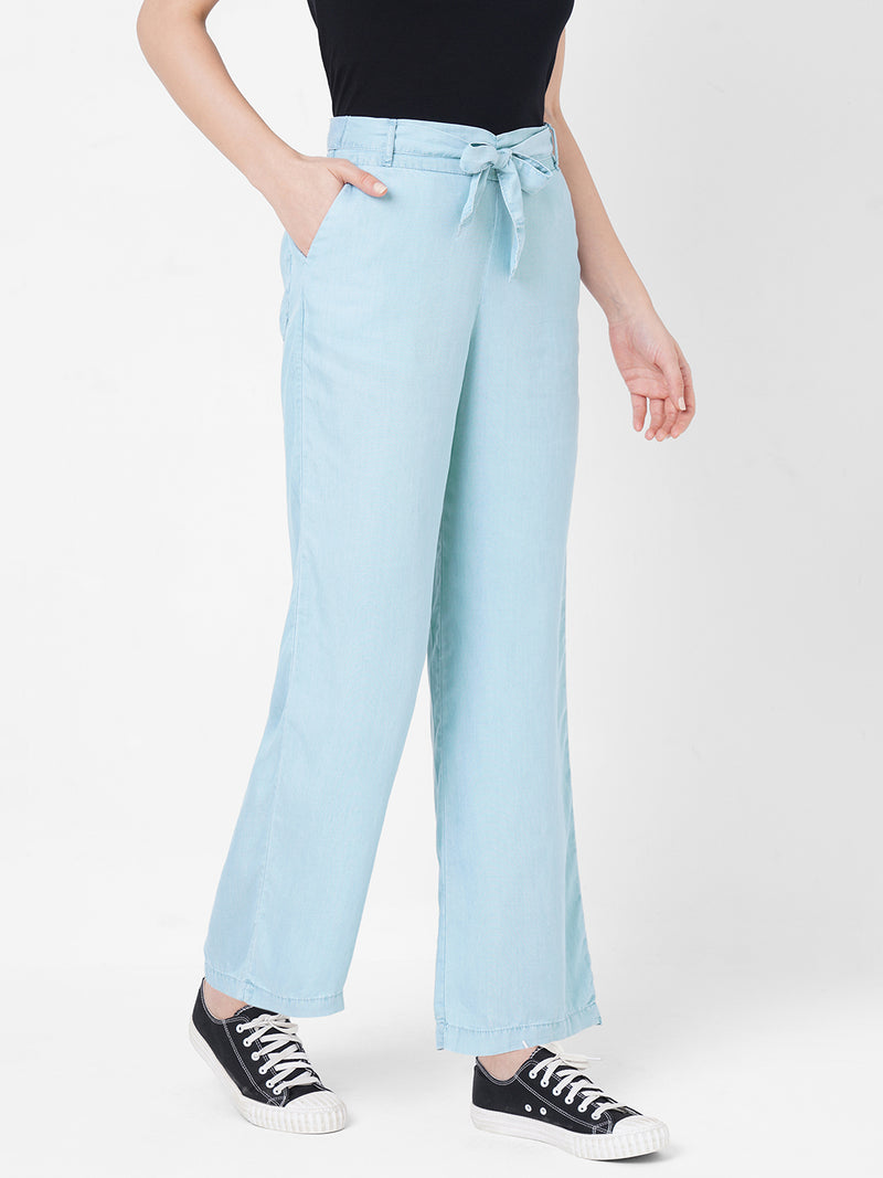 Women Light Blue High-Rise Paper Bag Wide Leg