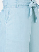 Women Light Blue High-Rise Paper Bag Wide Leg