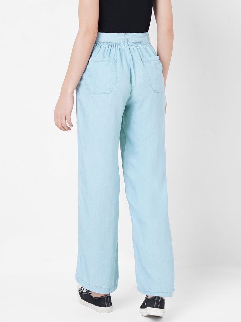 Women Light Blue High-Rise Paper Bag Wide Leg