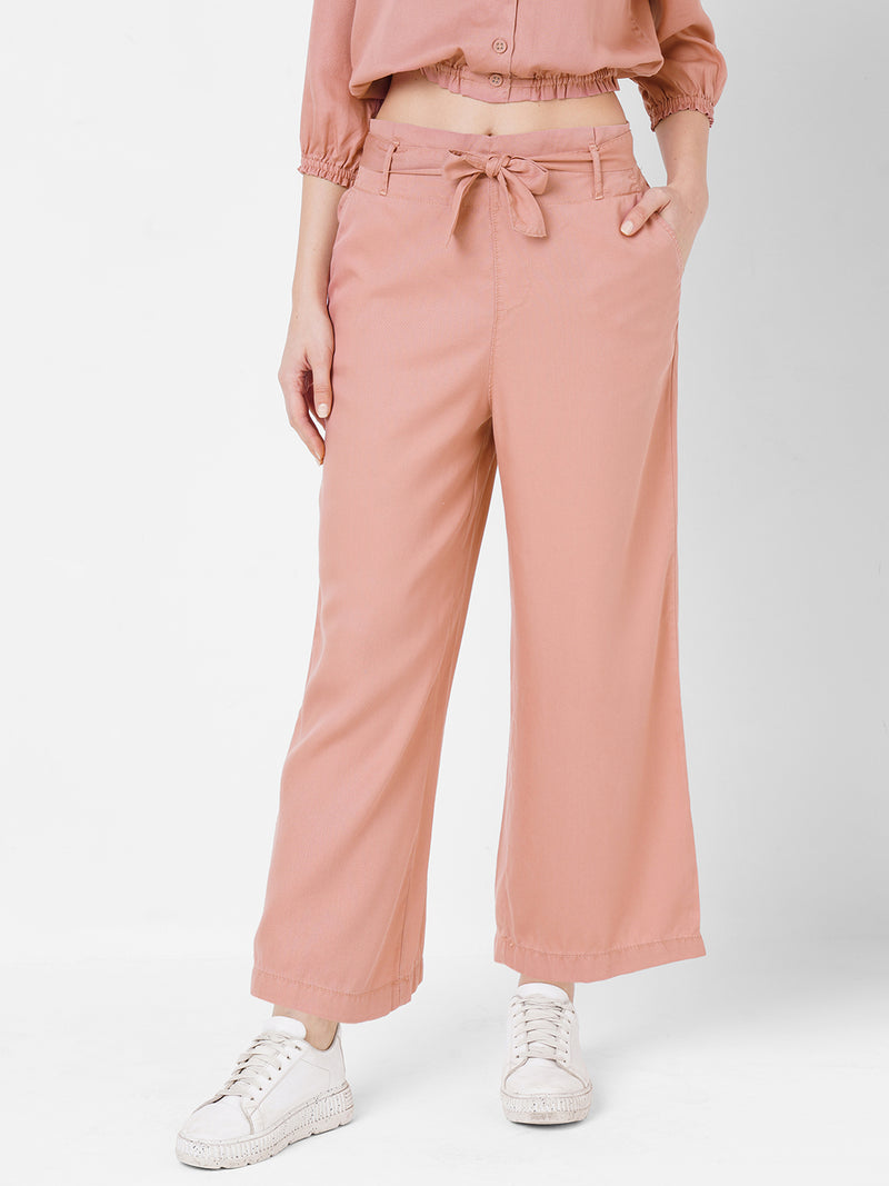 Women Pink High-Rise Paper Bag Culottes