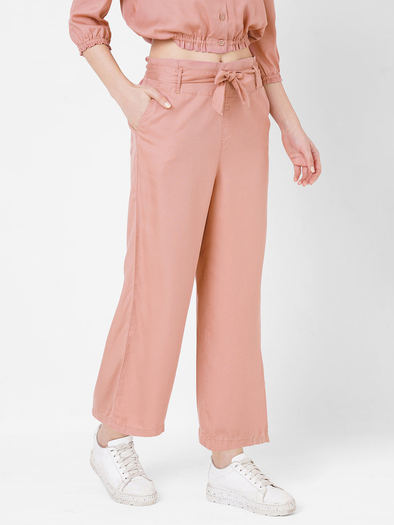 Women Pink High-Rise Paper Bag Culottes
