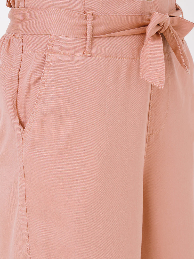 Women Pink High-Rise Paper Bag Culottes