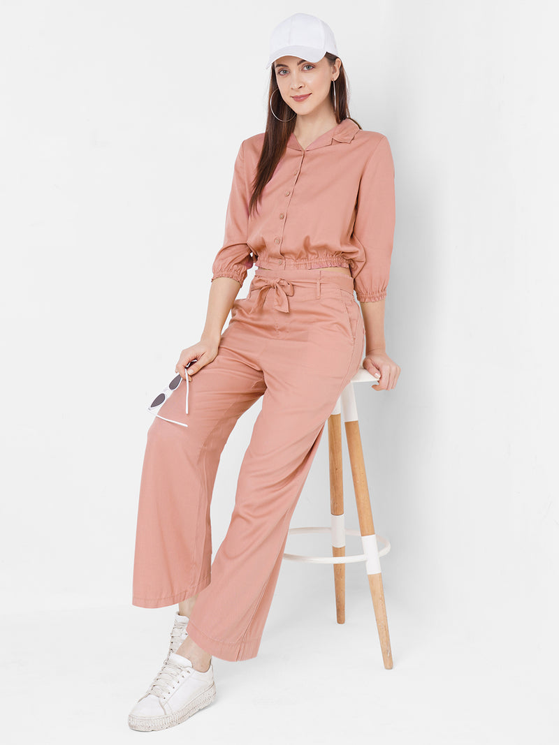 Women Pink High-Rise Paper Bag Culottes
