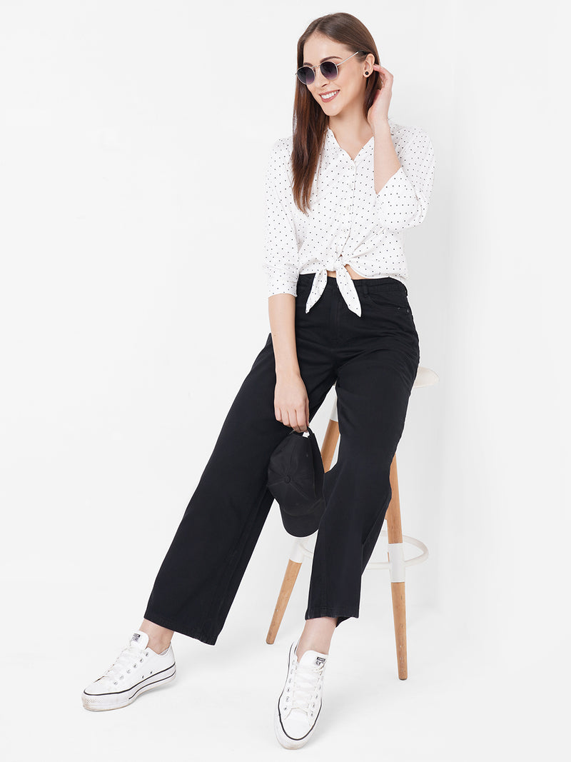 Women Off White Tie-Up Printed Crop Shirt