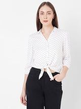 Women Off White Tie-Up Printed Crop Shirt