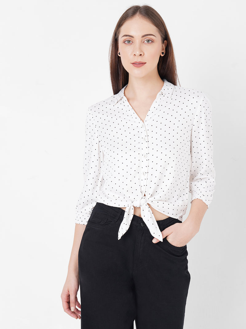 Women Off White Tie-Up Printed Crop Shirt