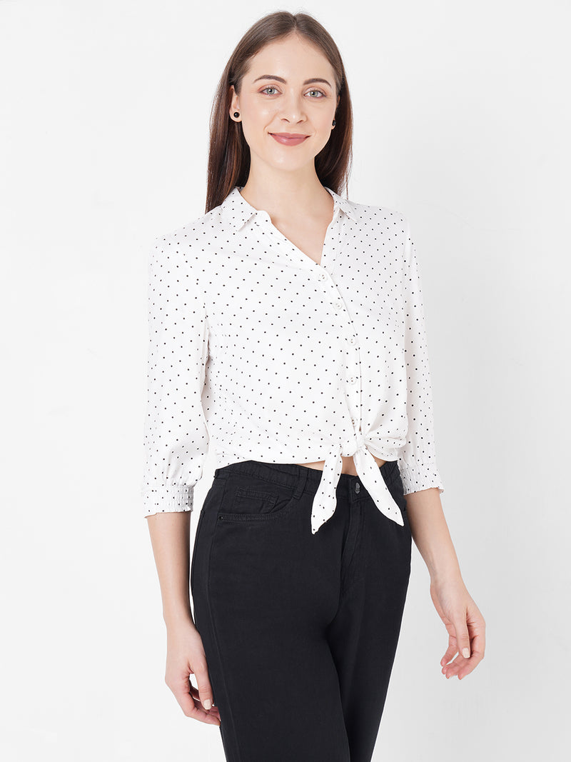Women Off White Tie-Up Printed Crop Shirt