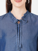 Women Blue Solid Denim Shirt Top