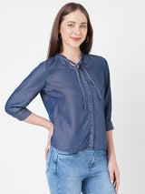 Women Blue Solid Denim Shirt Top