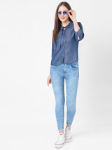 Women Blue Solid Denim Shirt Top