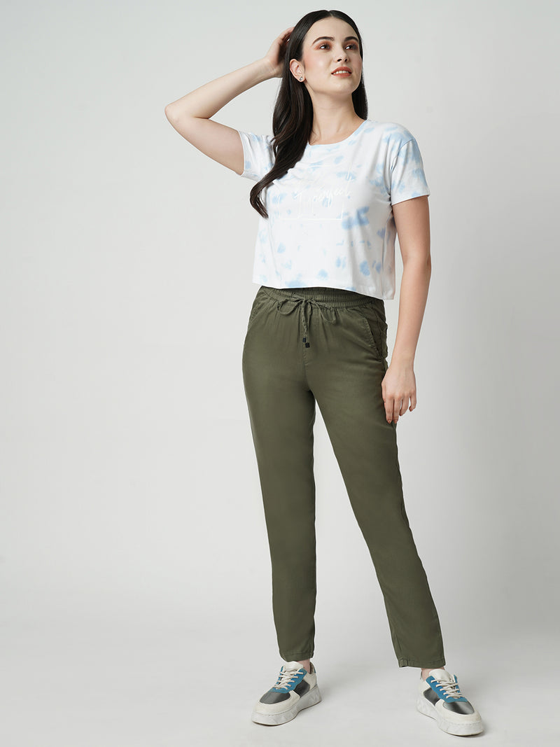 Women Olive High Rise Paper Bag Pants