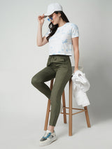 Women Olive High Rise Paper Bag Pants