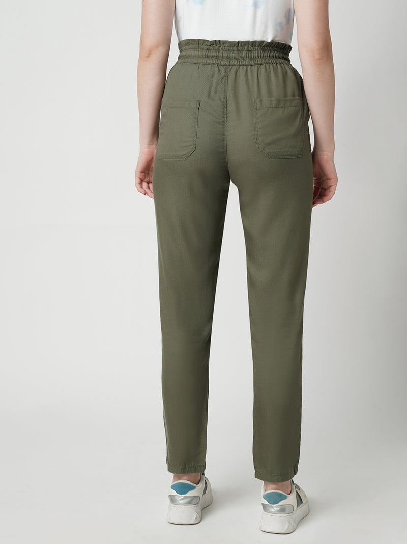 Women Olive High Rise Paper Bag Pants