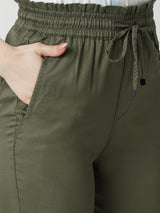 Women Olive High Rise Paper Bag Pants
